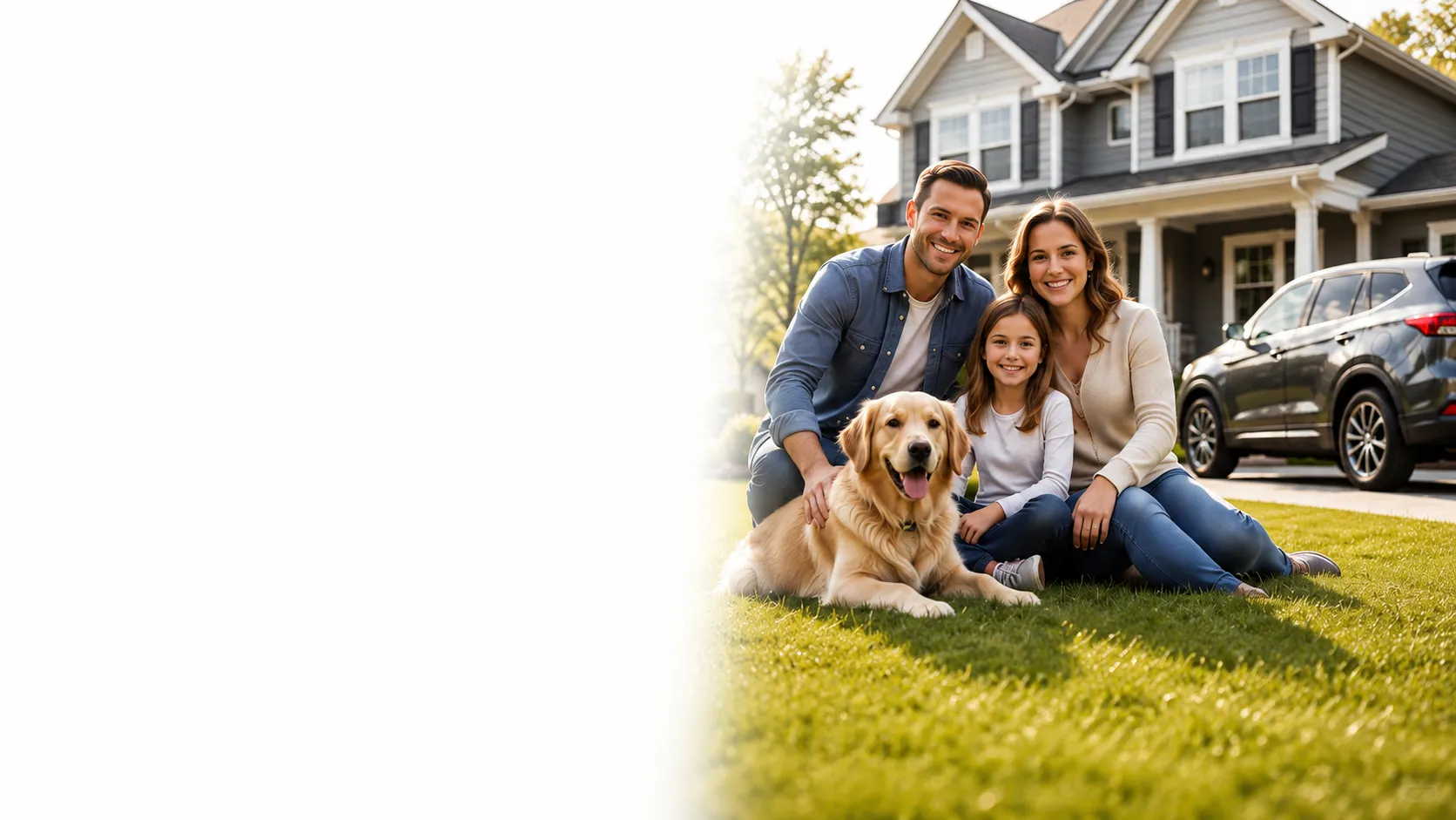 Smiling family of three with a golden retriever sitting on a lawn in front of their house and car.