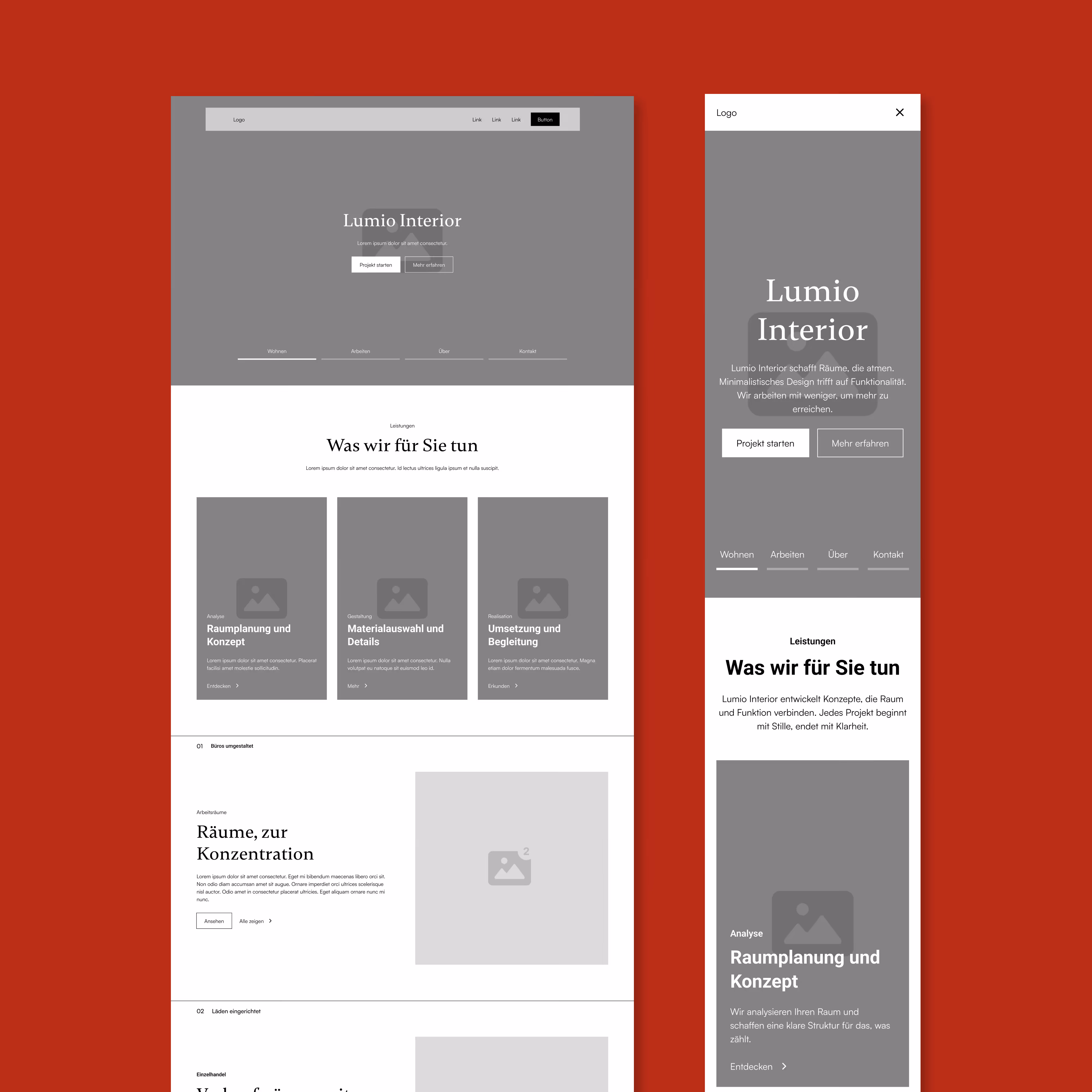 Wireframe der Lumio Interior Website mit Navigation, Dienstleistungsübersicht und zwei Layouts für Desktop und mobil.