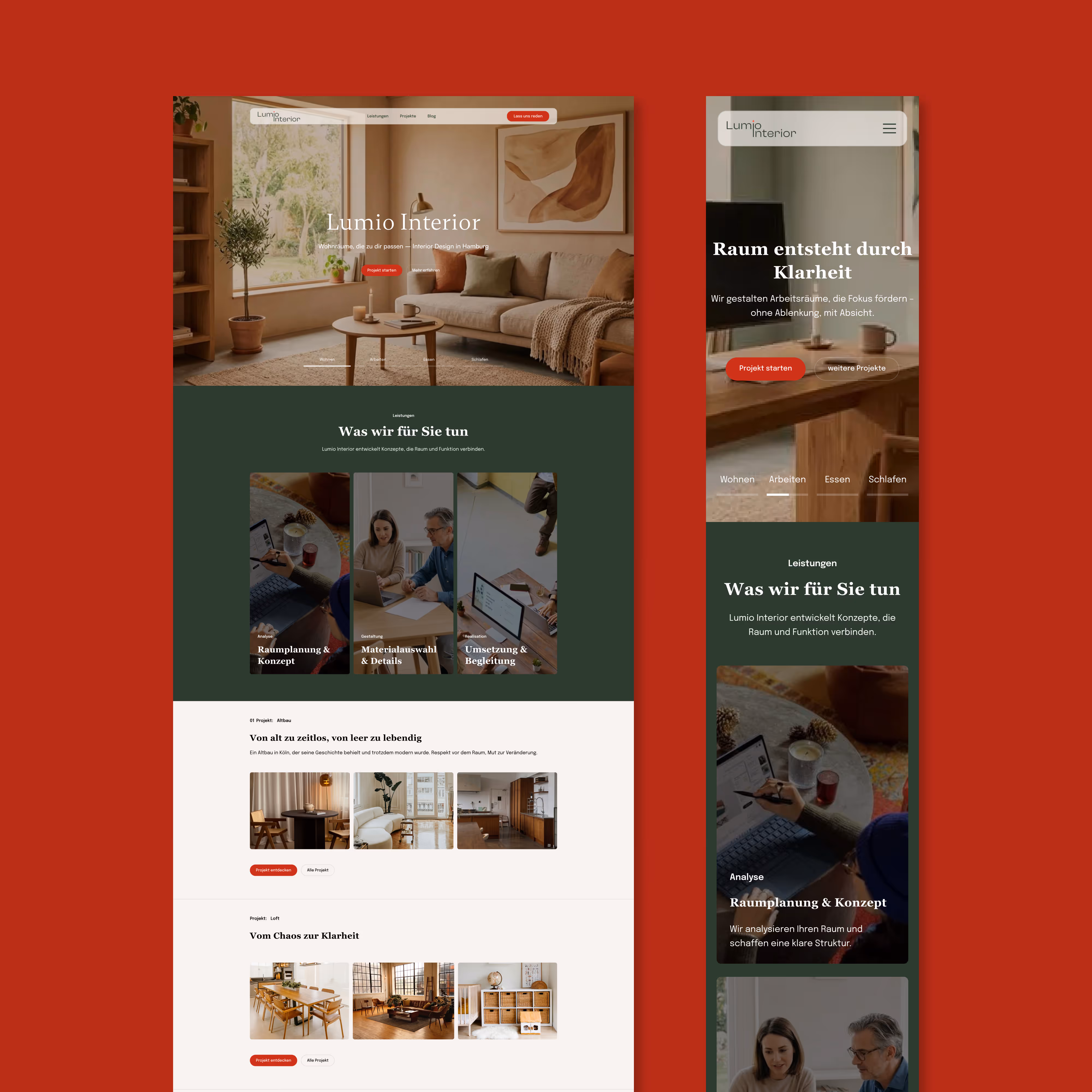 Startseite und Mobilansicht von Lumio Interior, mit Raumplanung, Projekten und Schwerpunkt auf Klarheit im Design.