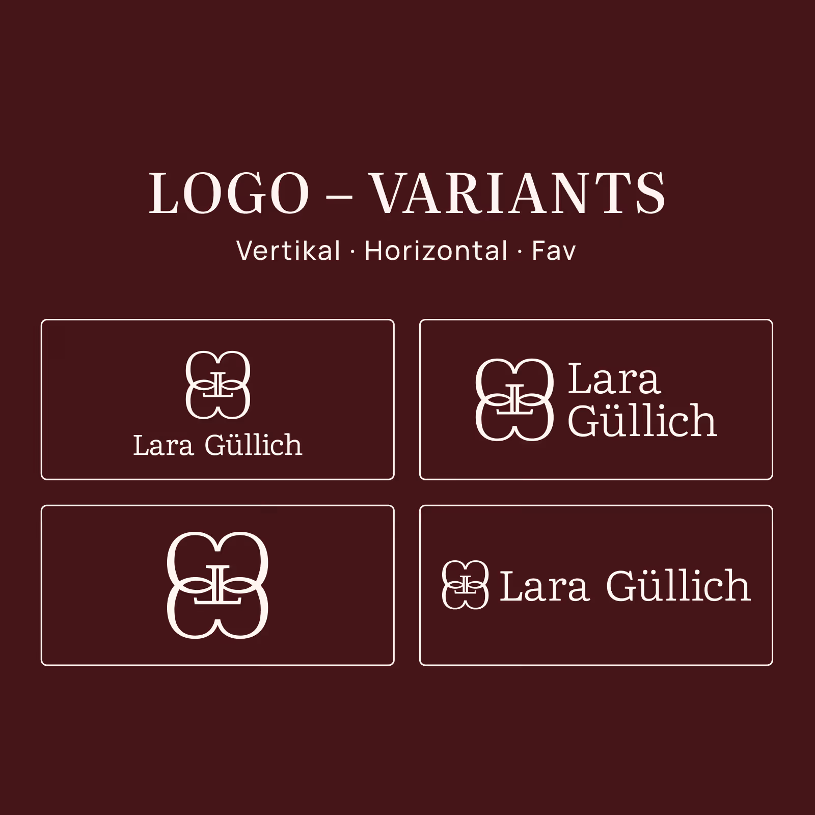 Vier Varianten des Logos mit stilisiertem Monogramm und dem Namen Lara Güllich in verschiedenen Layouts.