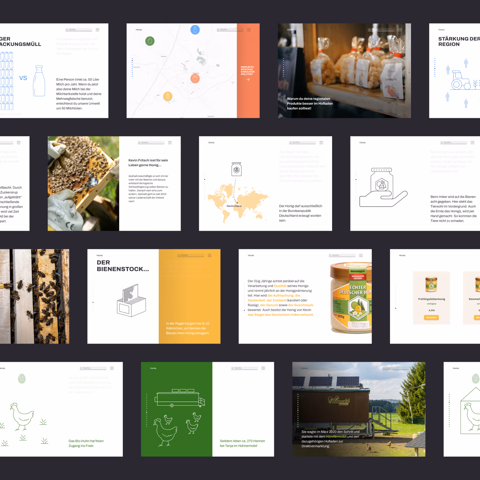 Screenshot of a website about bees, honey production, regional products, and sustainable farming practices in German.