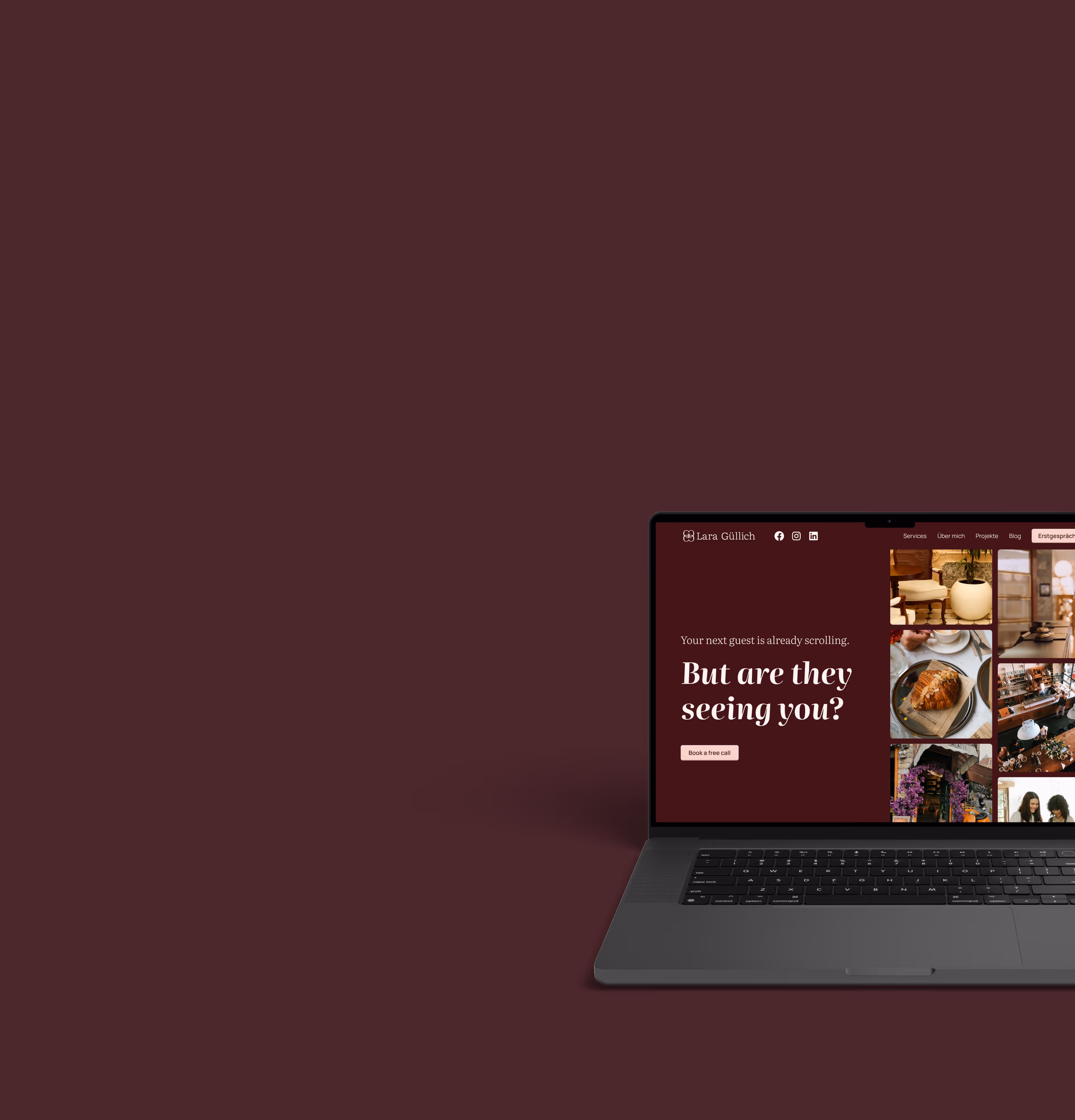 Laptop mit Website, die Text zeigt: Ihr nächster Gast scrollt, aber sieht er Sie? Button für kostenloses Gespräch.