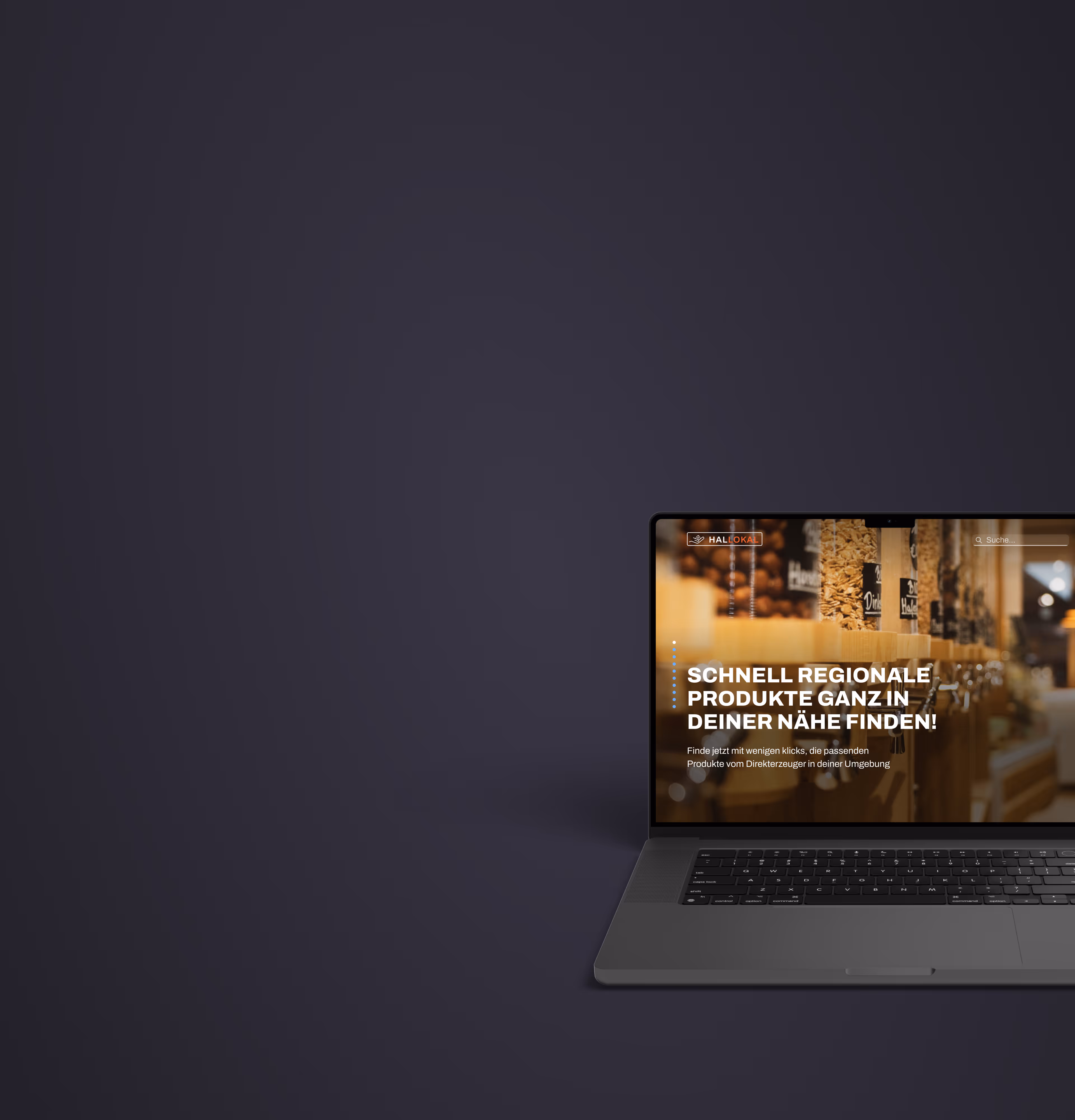 Laptop zeigt Website mit Botschaft zum schnellen Finden regionaler Produkte in der Nähe.