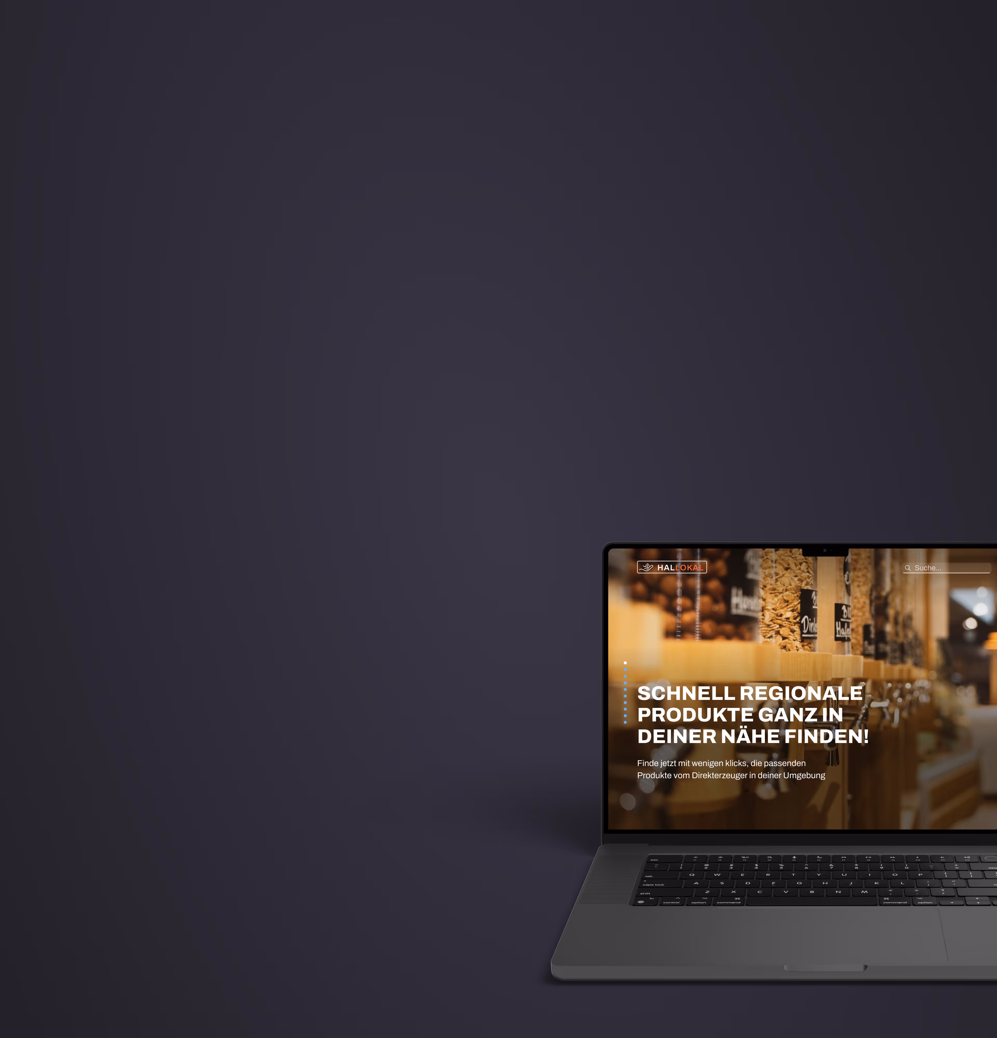 Laptop mit Website, die regionale Produkte sucht, vor dunklem Hintergrund.