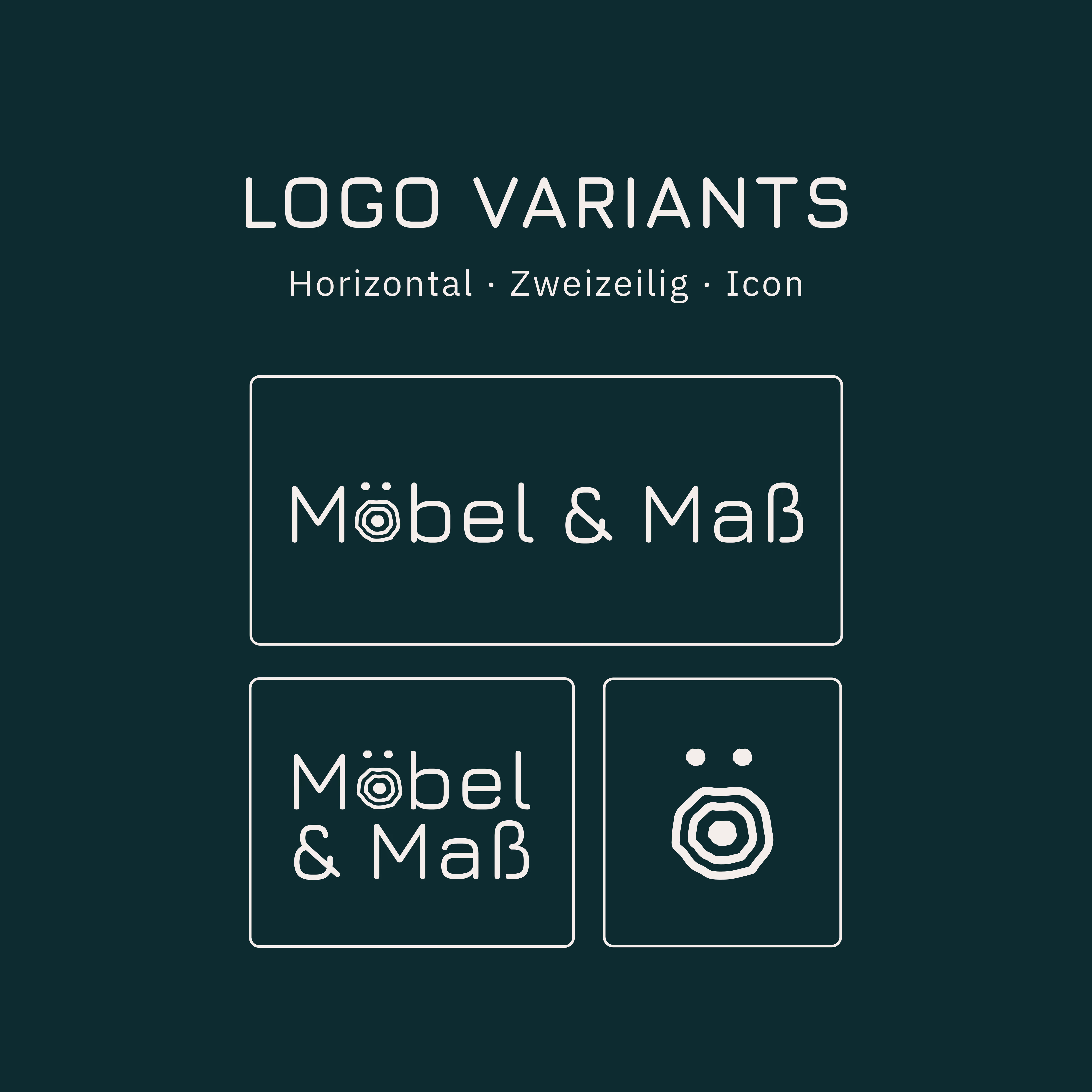 Drei Logo-Varianten auf dunklem Hintergrund mit weißer Schrift: Oben ein horizontaler Schriftzug 'Möbel & Maß' mit stilisiertem O, unten links dieselbe Beschriftung zweizeilig, unten rechts ein Icon mit zwei Punkten über einer kreisförmigen, konzentrischen Form.