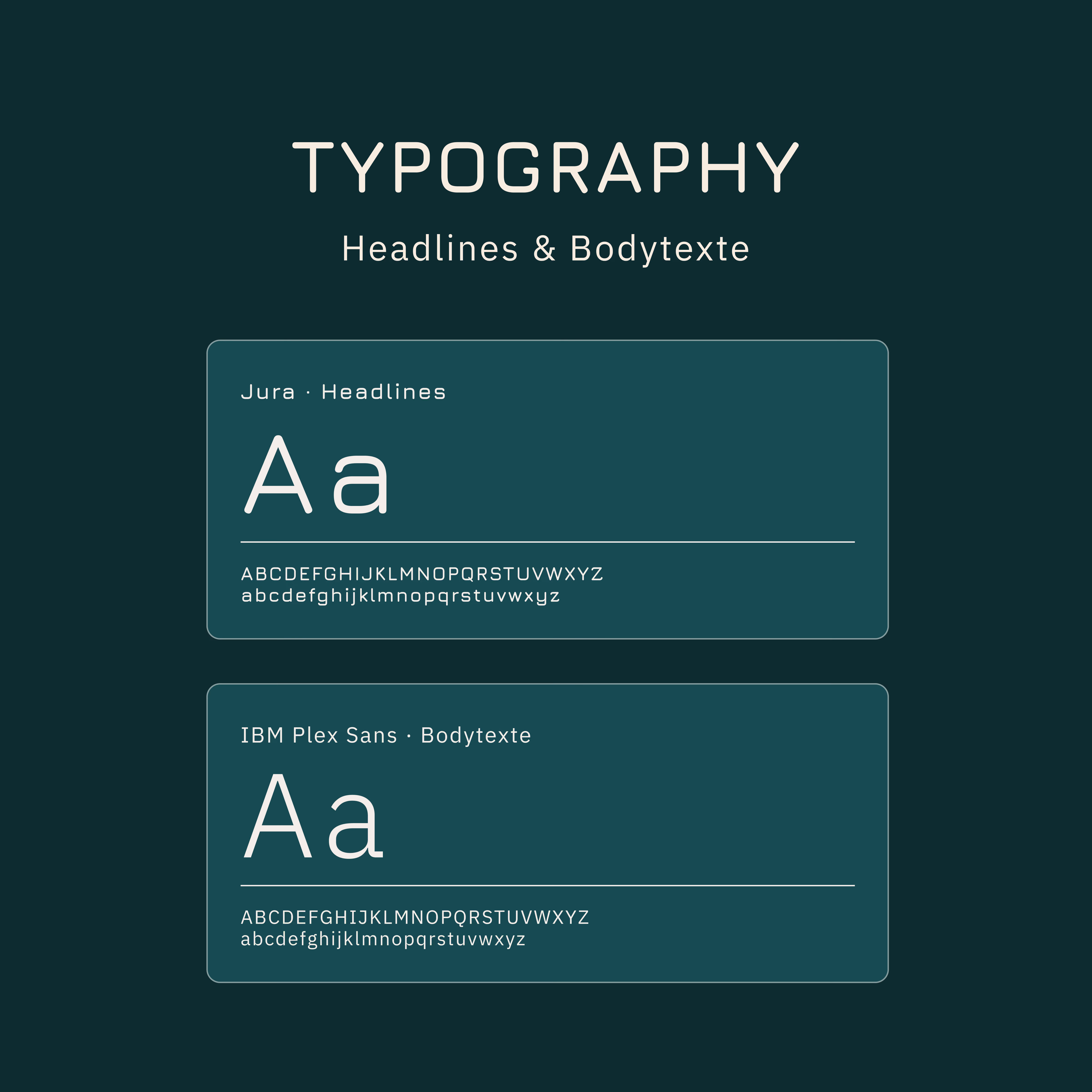Typographie mit Überschriften und Fließtext: Jura Schriftart für Überschriften mit Groß- und Kleinbuchstaben sowie alphabetischen Zeichen, IBM Plex Sans Schriftart für Fließtext mit Groß- und Kleinbuchstaben und alphabetischen Zeichen.