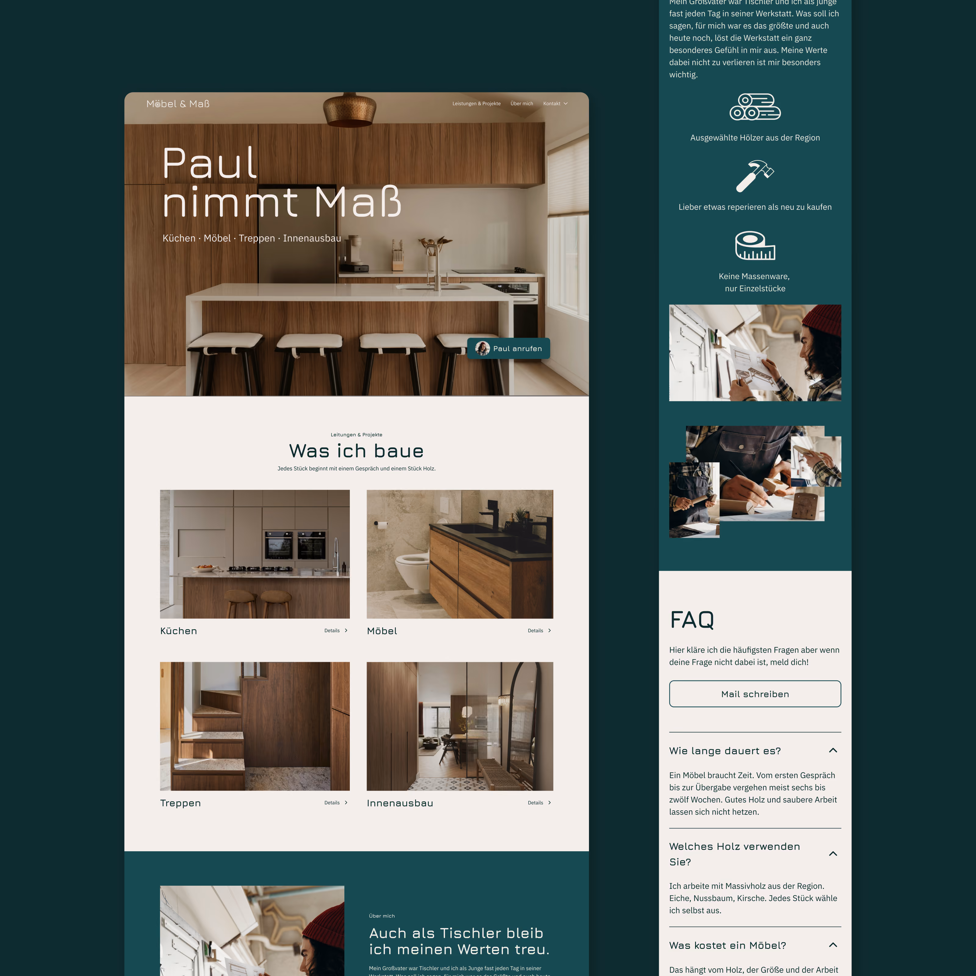 Webseite für Paul nimmt Maß mit modernem Küchenbild aus Holz und weißen Elementen, Menü mit Kategorien Küchen, Möbel, Treppen, Innenausbau; rechts Textabschnitte mit FAQs und Bildern von Tischlerarbeiten und Werkzeugen.
