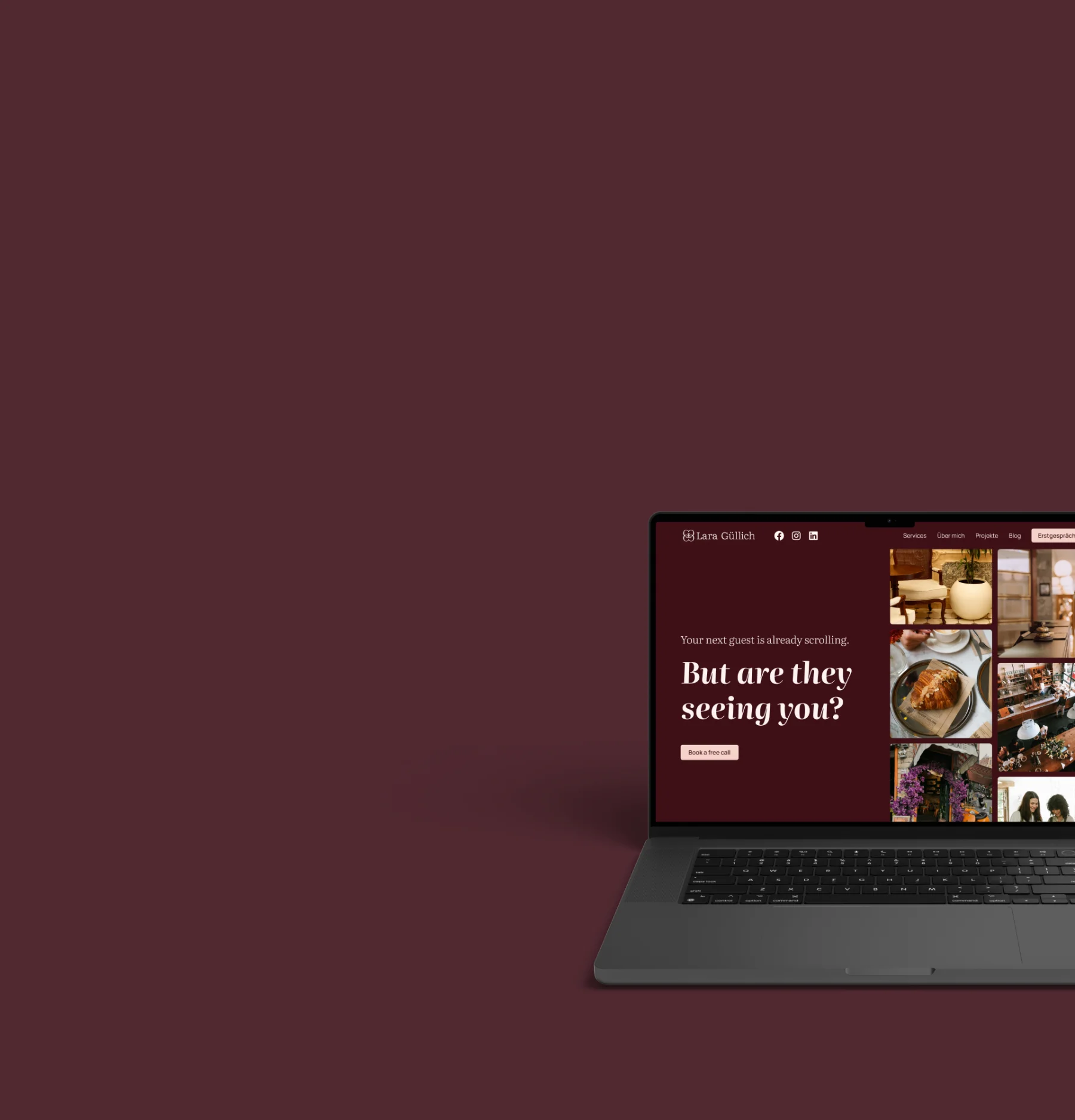 Laptop mit Website, die Text zeigt: Ihr nächster Gast scrollt, aber sieht er Sie? Button für kostenloses Gespräch.