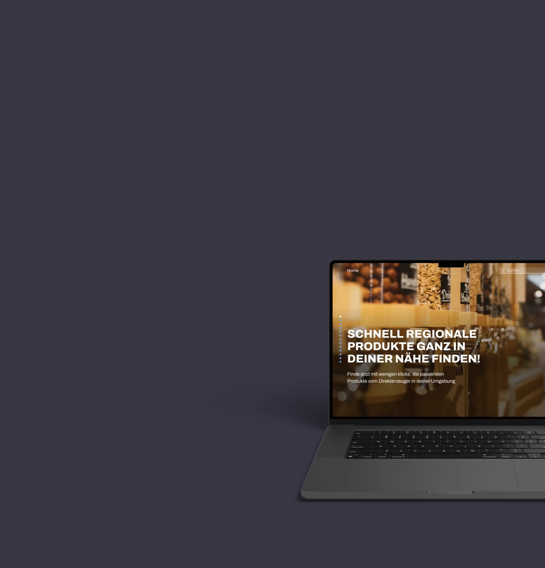 Laptop zeigt Website mit Botschaft zum schnellen Finden regionaler Produkte in der Nähe.