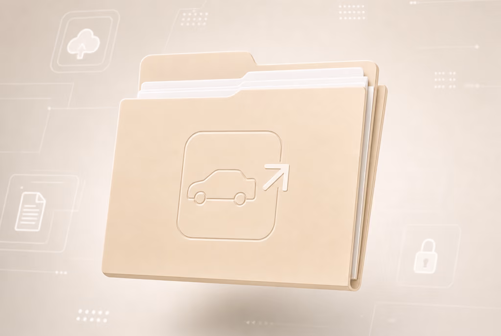 Beige Ordner mit Auto-Symbol und Pfeil, umgeben von digitalen Symbolen für Dateien und Sicherheit.