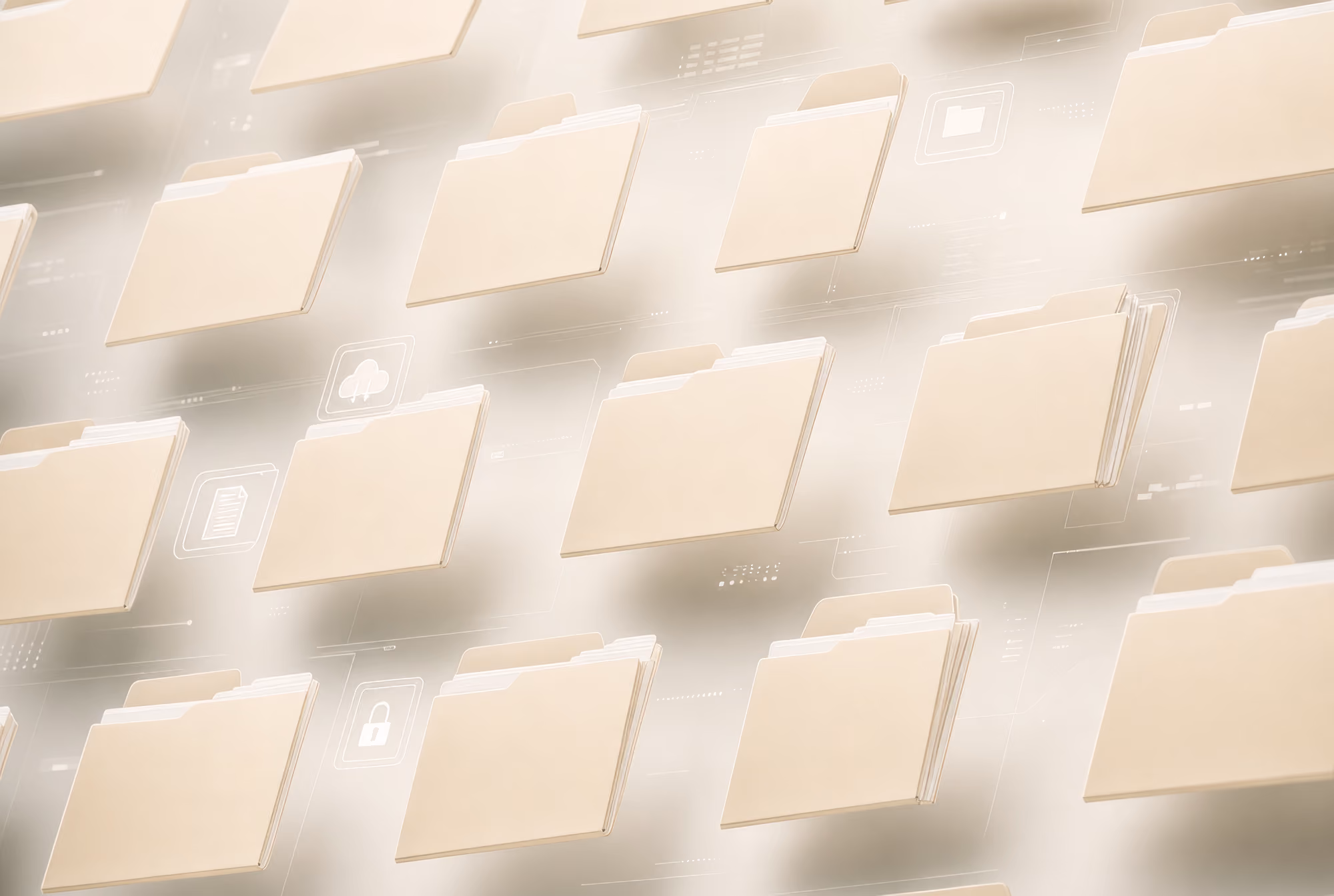 Schwebende beige Dateiordner vor einem digitalen Hintergrund mit Symbolen für Cloud, Sicherung und Sicherheit.