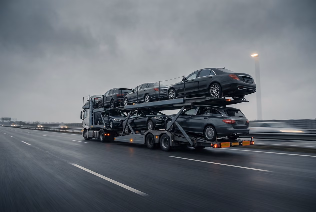 Auto-Transporter mit sieben schwarzen Autos auf nasser Autobahn bei bewölktem Himmel.