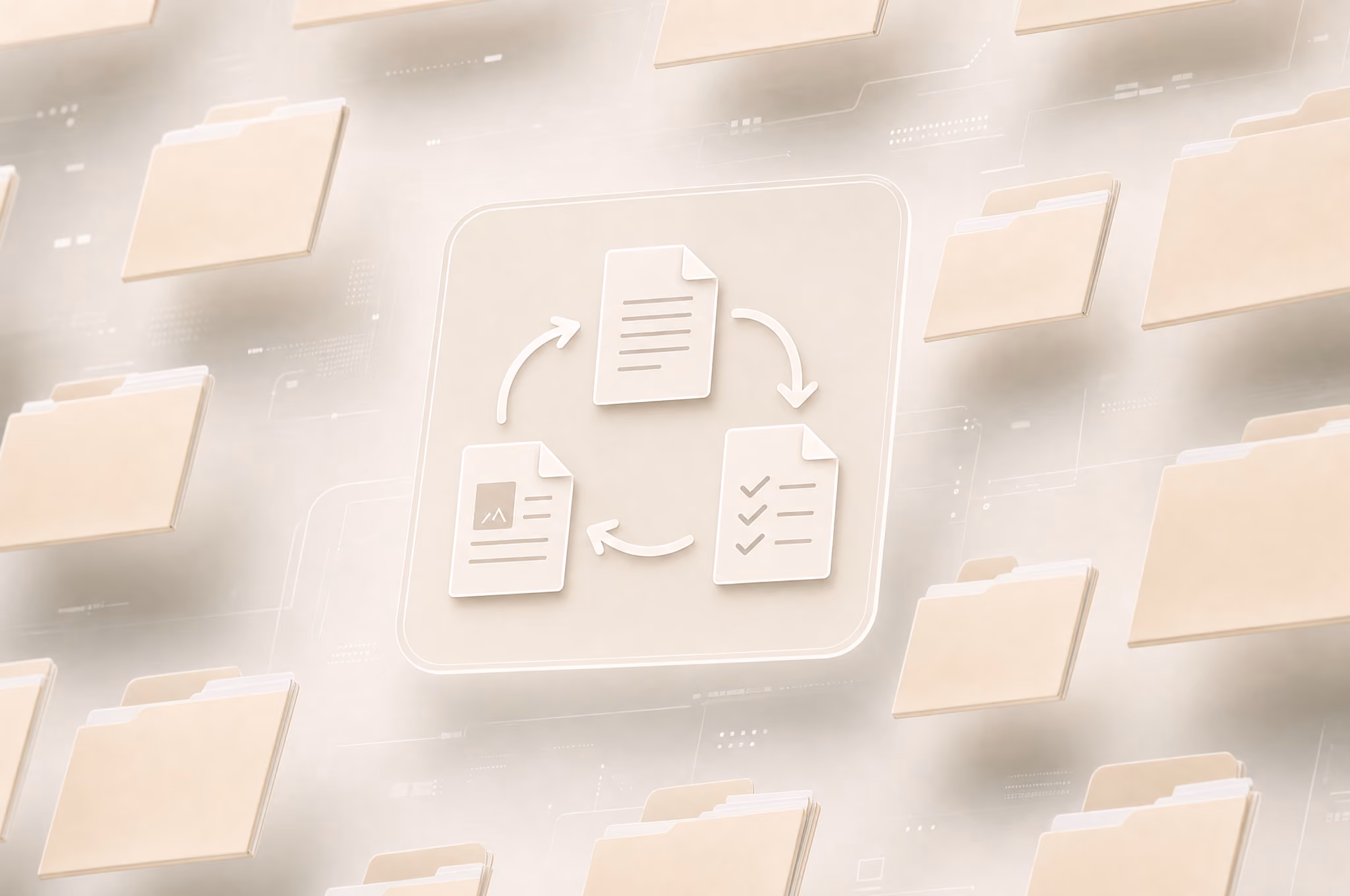 Symbol für Dokumentenworkflow mit drei Dokumenten und Pfeilen, umgeben von Ordnersymbolen.
