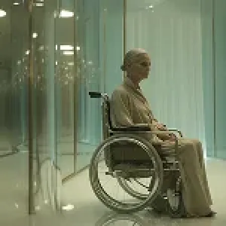 Elderly woman sitting in a wheelchair in a modern room with glass walls.