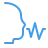 Blue outline of a person's head with a stylized 'W' near the mouth representing speech or sound