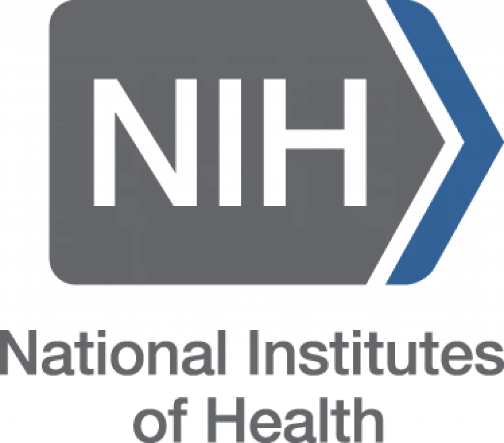 NIH logo with a gray block and blue arrow and National Institutes of Health text below.
