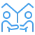 Simple blue icon of two people shaking hands, representing partnership or agreement.