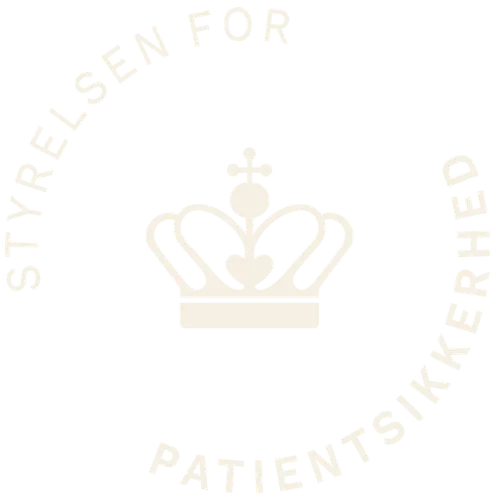 Crown icon with Danish text curved around it reading Styrelsen for Patientsikkerhed.