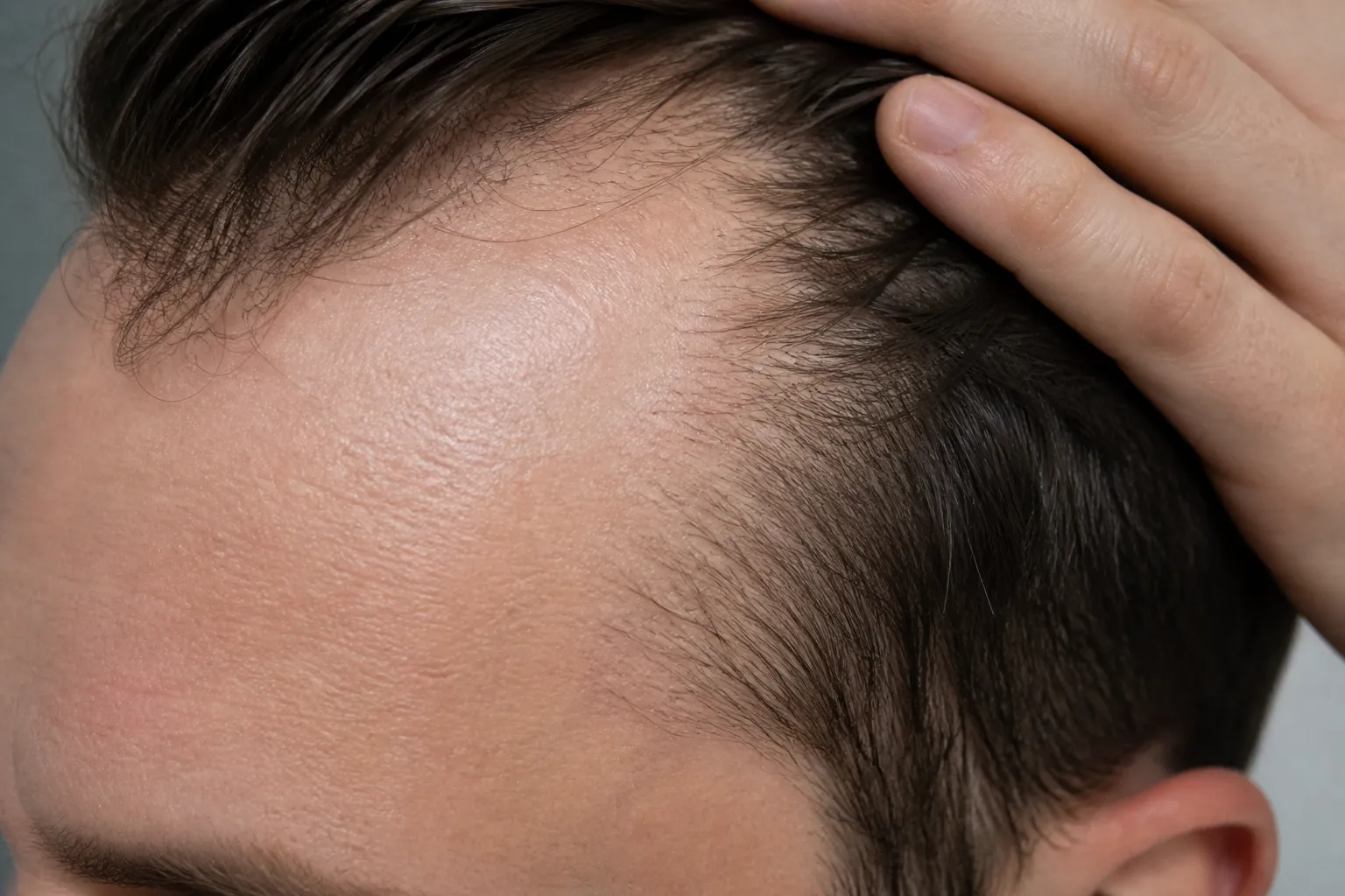 Close-up of a man's forehead showing receding hairline with hand brushing back dark hair.