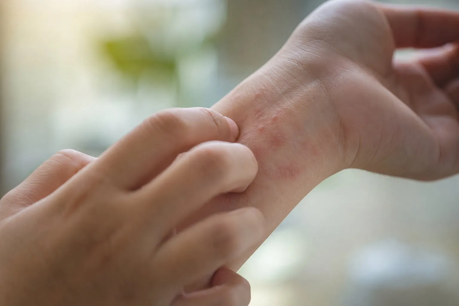 Person scratching red, irritated rash on inner wrist with fingers.