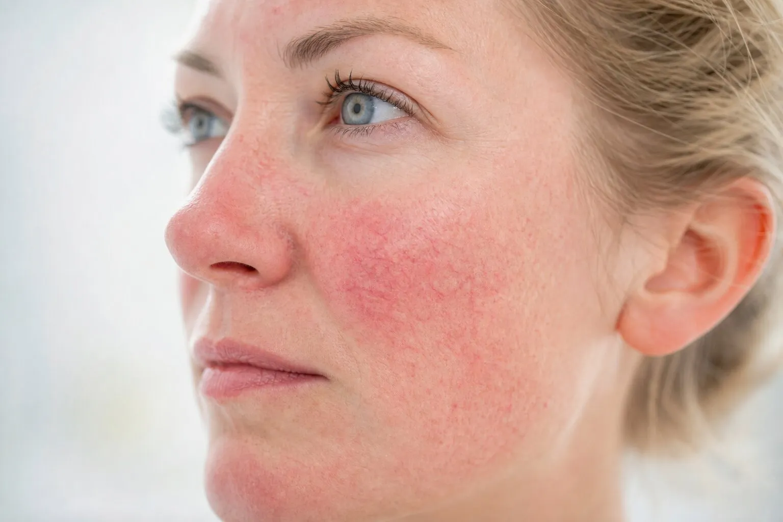 Close-up of a woman's face showing red, inflamed skin with visible capillaries on her cheek and nose.
