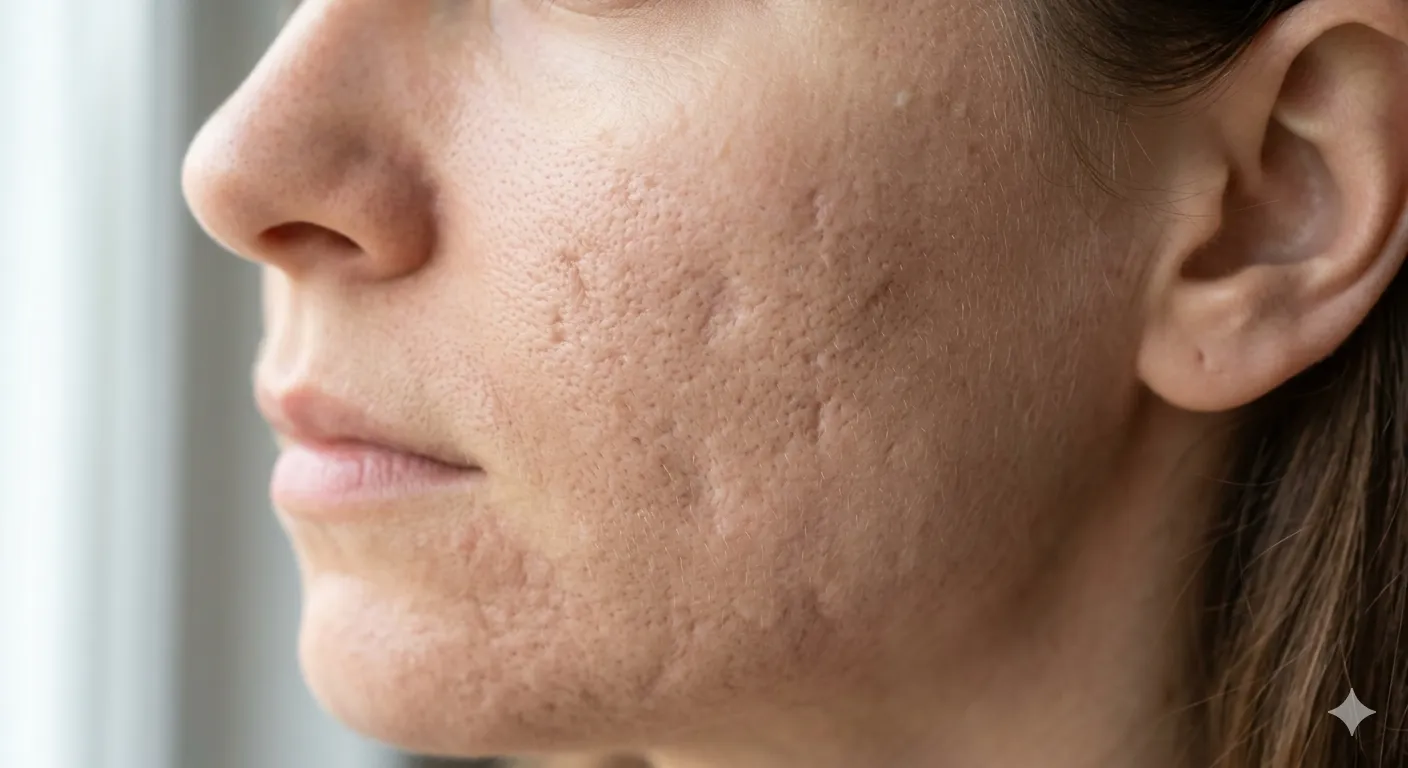 Close-up of a person's cheek showing textured skin with acne scars and pores.