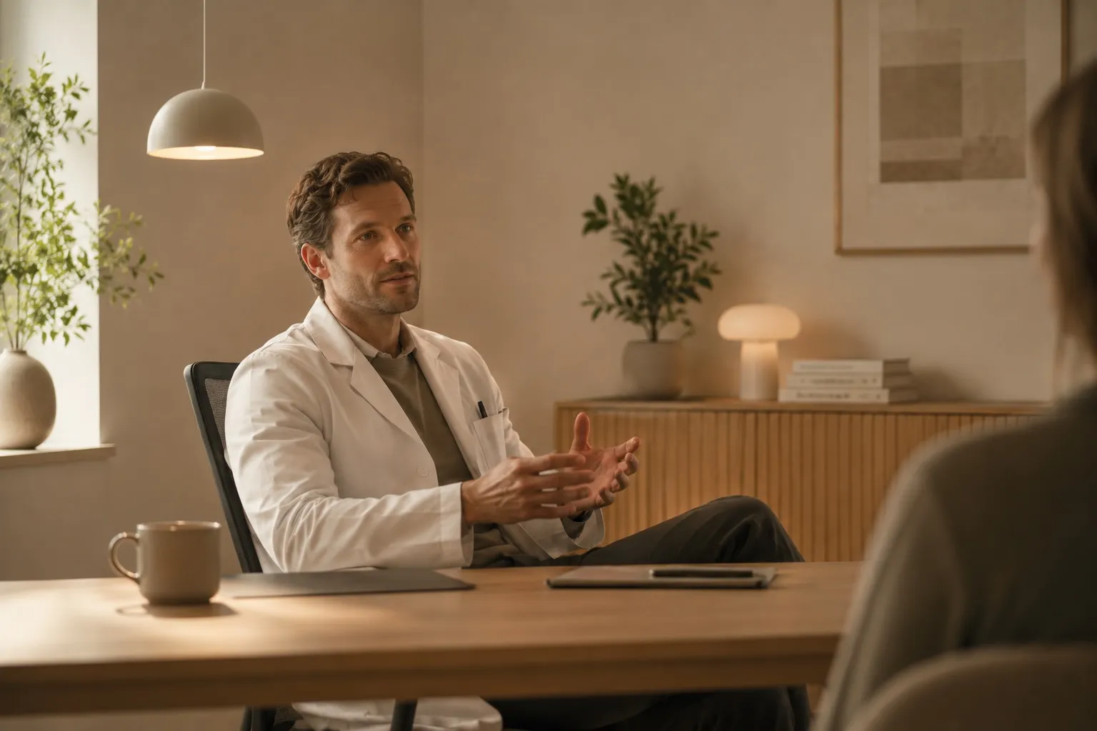 Male doctor in white coat talking to a patient in a warmly lit office with plants and books.