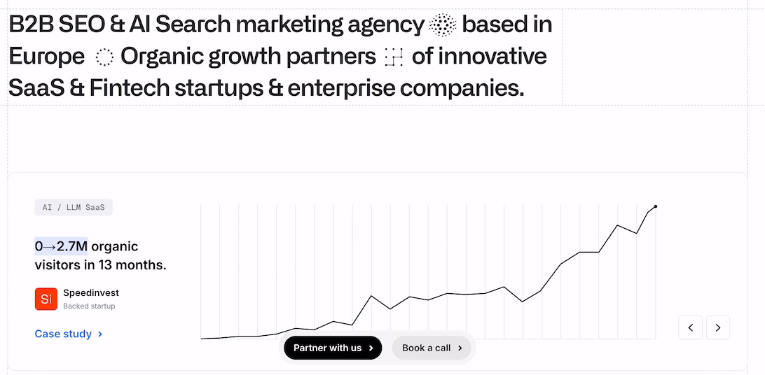 Omnius homepage describing a B2B SEO and AI search agency based in Europe, with a case study traffic chart