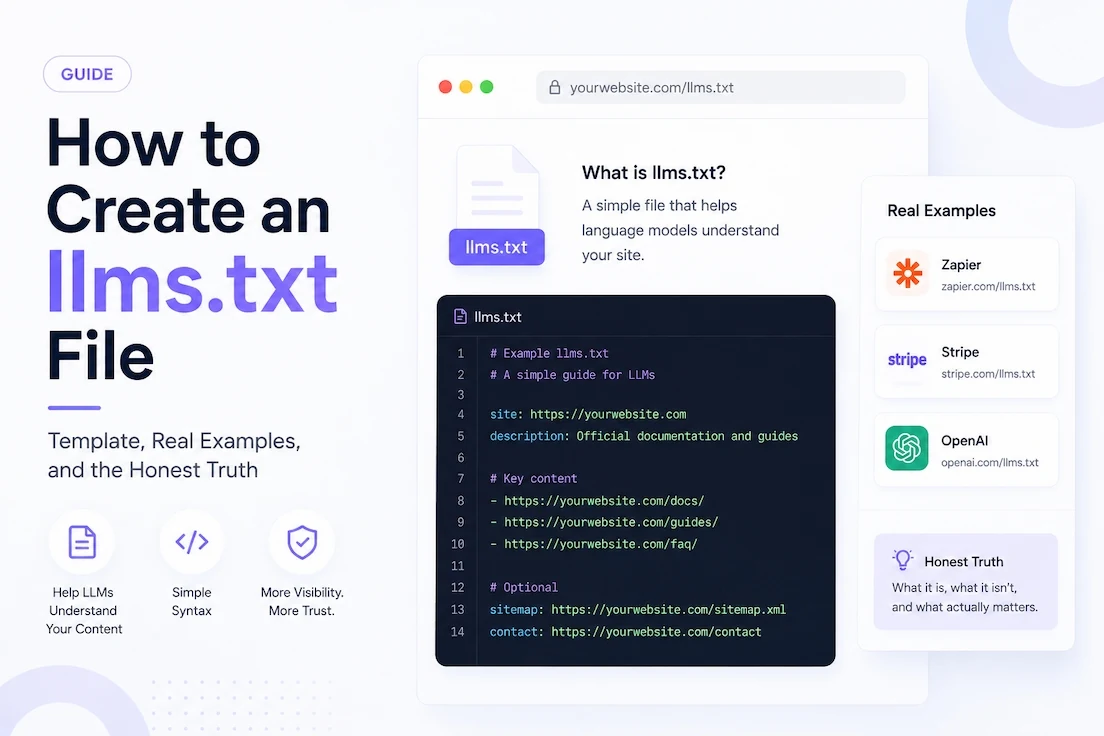 How to create an llms.txt file with a template, syntax example, and real-world llms.txt examples.