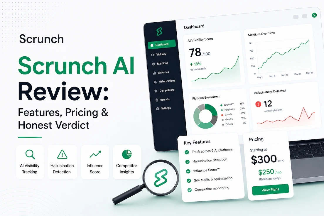 Scrunch AI review with dashboard overview, pricing, AI visibility tracking, hallucination detection, competitor monitoring, feature analysis, and honest verdict for businesses evaluating AI search software.