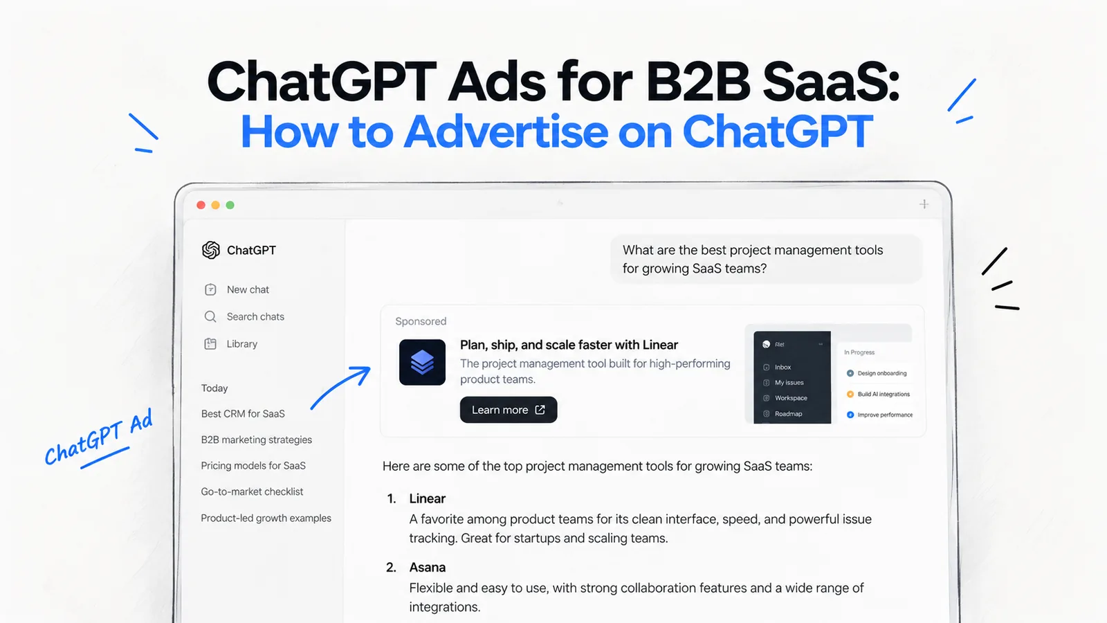 ChatGPT ads for B2B SaaS: mock ChatGPT chat showing a Sponsored ad for a project management tool beside an organic answer