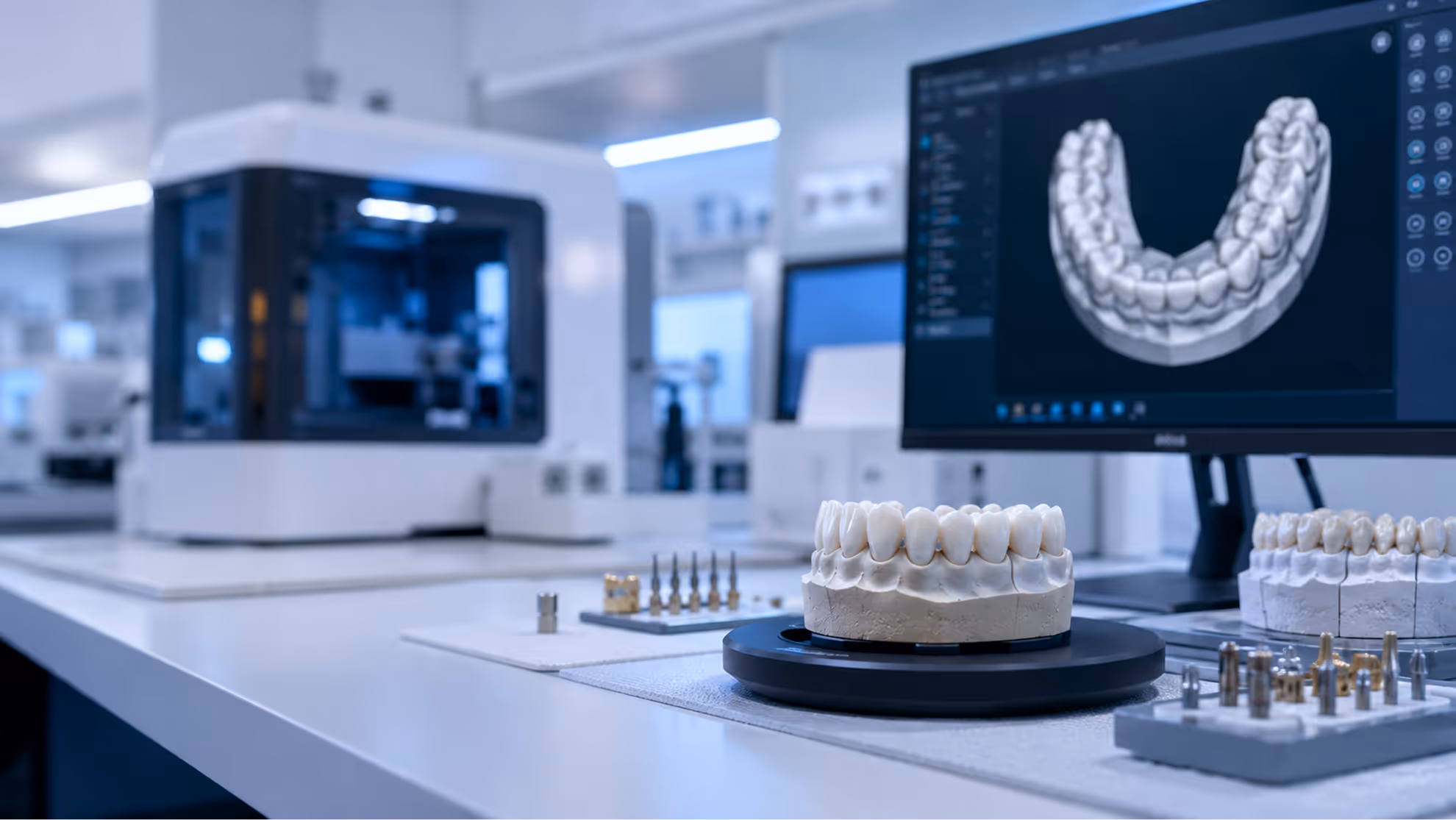 Modellzähne und digitale Zahnbildsimulation auf einem Tisch in einem modernen Dentallabor.