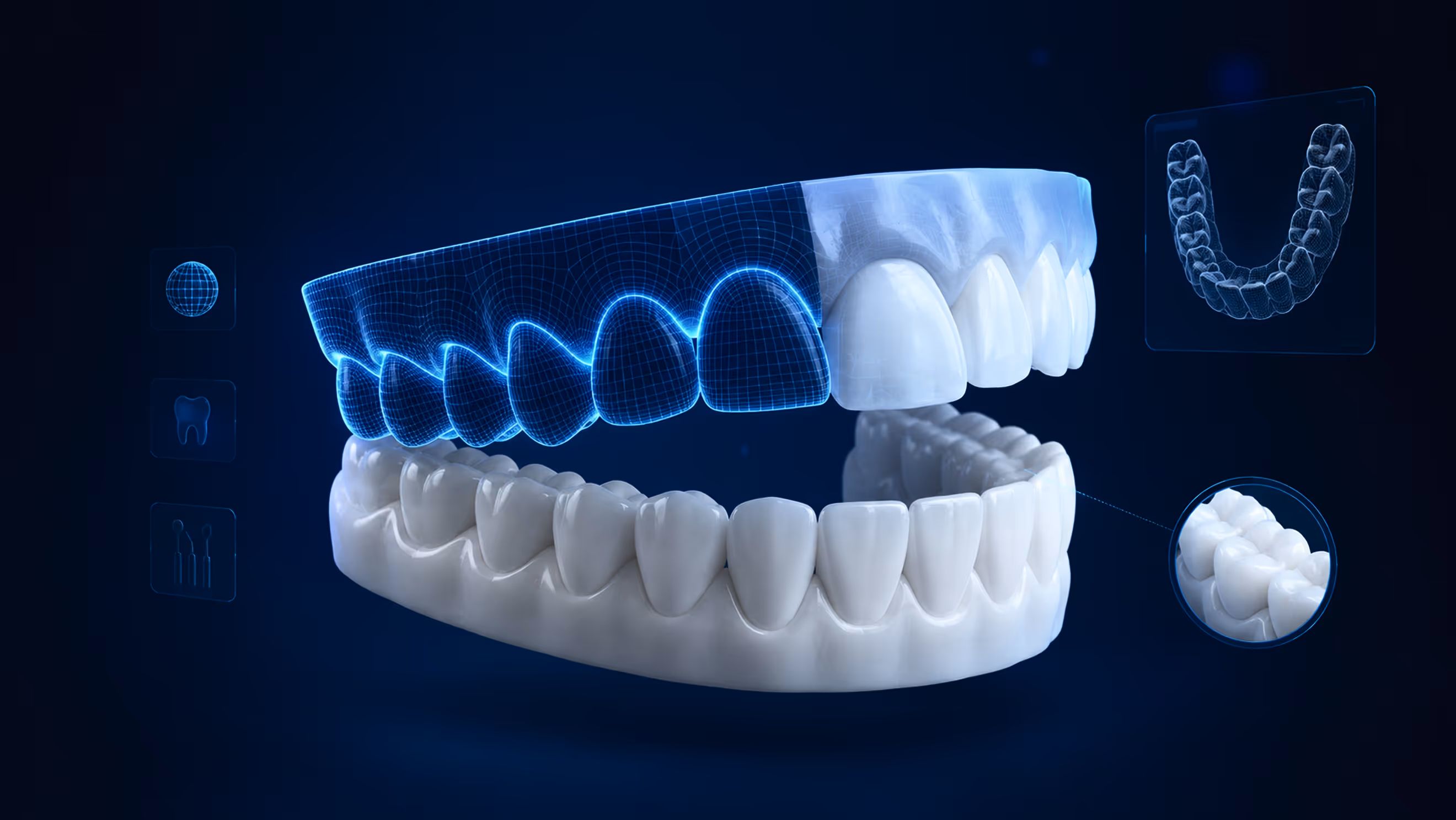 3D-Modell eines menschlichen Gebisses mit digitaler Überlagerung und zahnmedizinischen Symbolen.