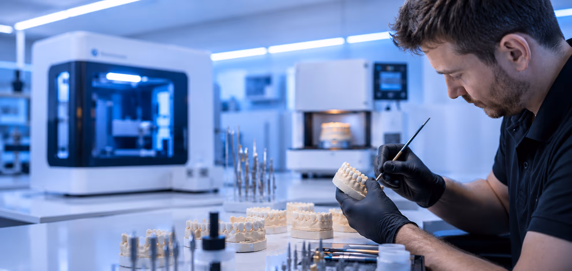Zahntechniker mit schwarzen Handschuhen bearbeitet präzise ein Zahnmodell im Labor.