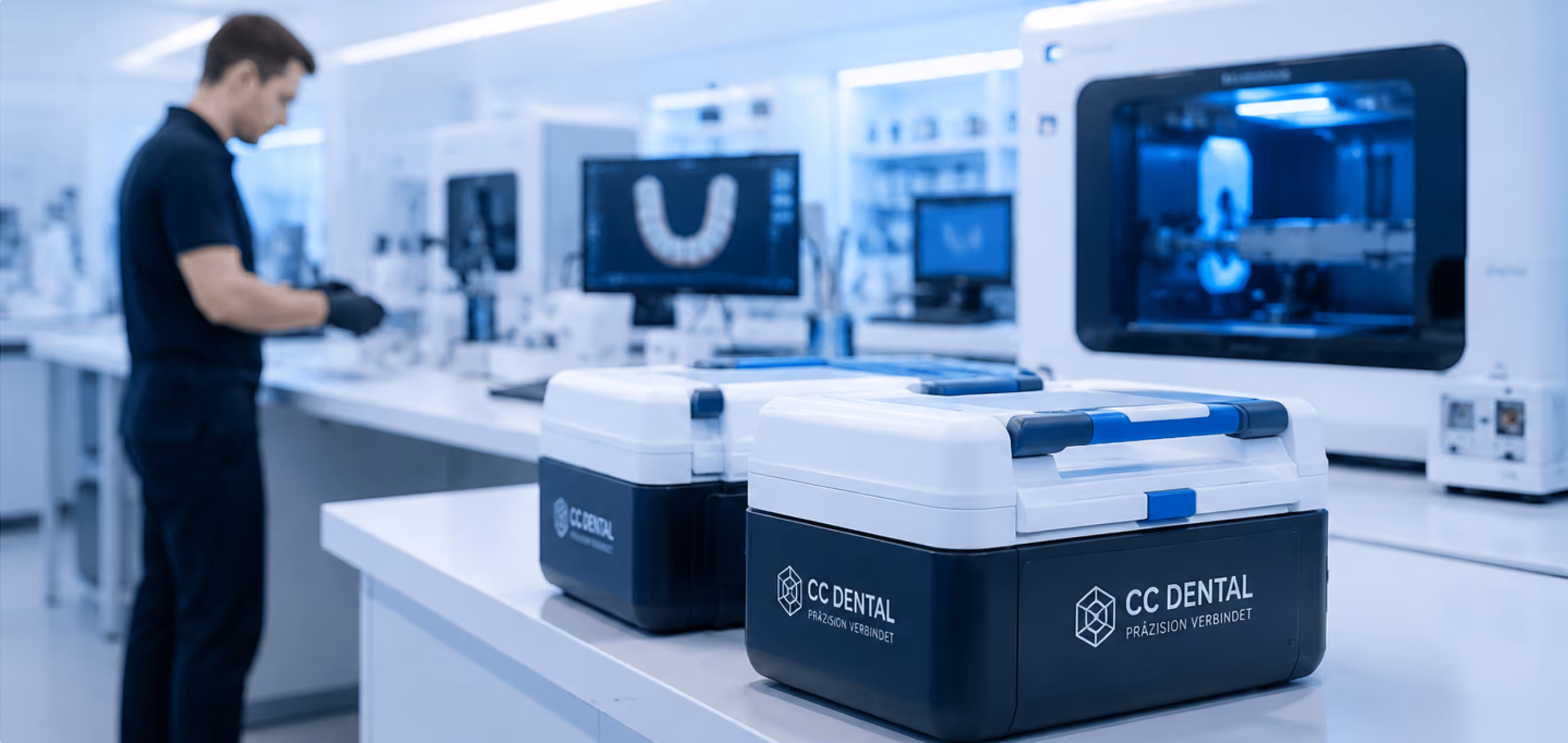 Zwei CC Dental-Laborkoffer stehen auf einem Tisch in einem modernen Zahnlabor mit einem Techniker im Hintergrund.
