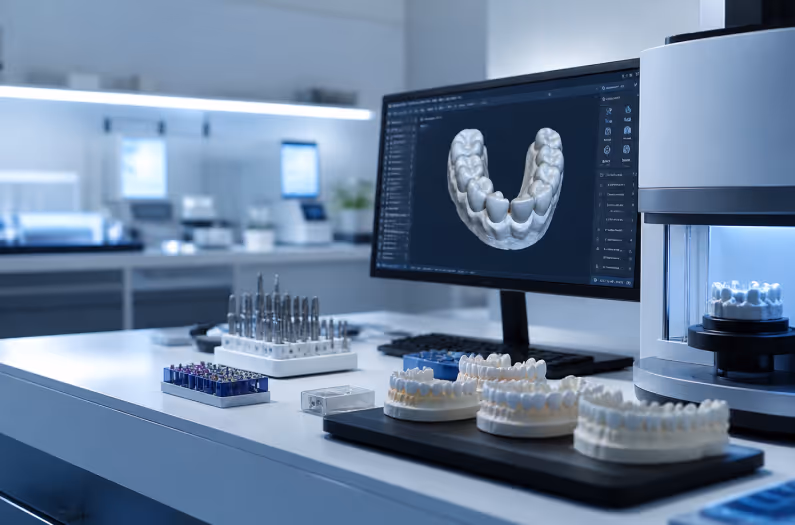Zahnlabor mit Zahnmodellen, computergestütztem 3D-Druck und Dentalbohrern auf Arbeitsplatte.