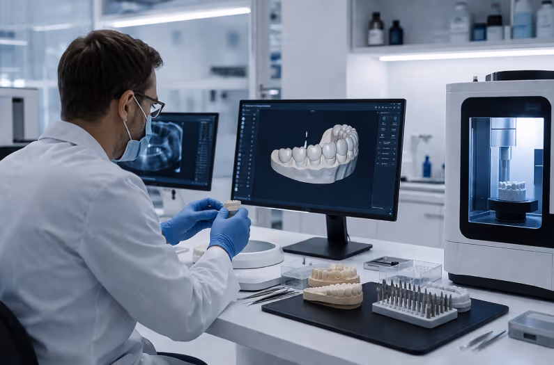Zahntechniker arbeitet an Zahnmodell neben Computer mit 3D-Zahnsimulation und Fräsmaschine.