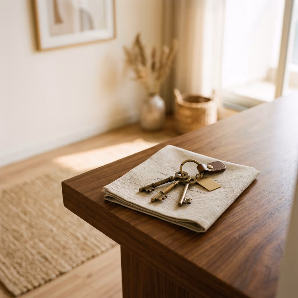 Tenant move-in coordination service for Bangalore property owners — brass keys on a folded welcome note.