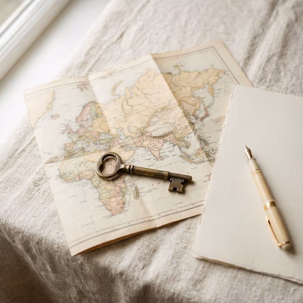 Remote property management in India for NRI owners — brass key on a folded world map showing India.
