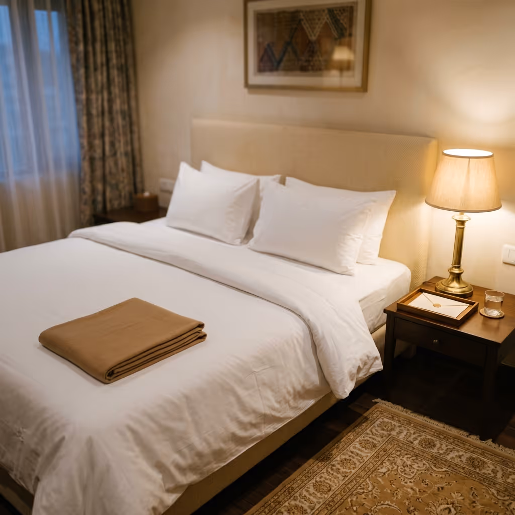 Serviced apartment investments and rentals in India — turned-down bedroom with crisp linen sheets and brass bedside lamp.