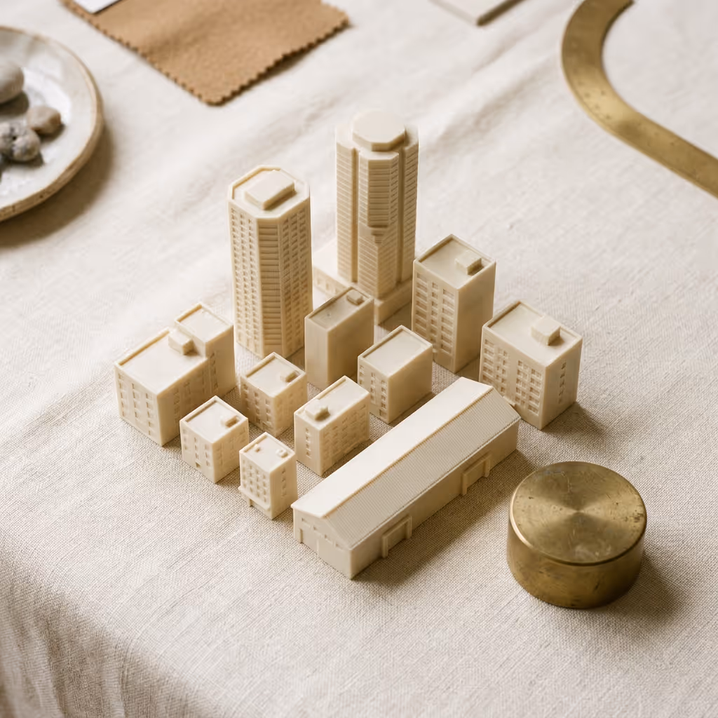 REIT investments and diversified real estate portfolios in India — cluster of cream building models on linen.