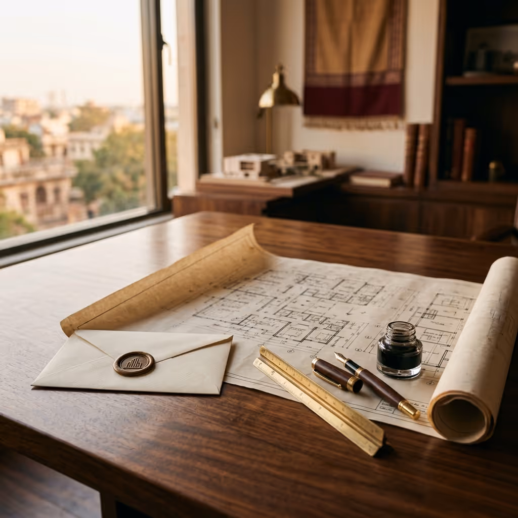Exclusive pre-launch property access in India — rolled blueprint on a walnut table in a developer's studio.