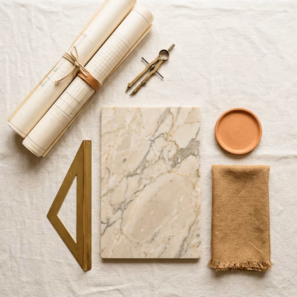 Home renovation coordination service in India — blueprints, swatches and brass scale on an architect's worktable.