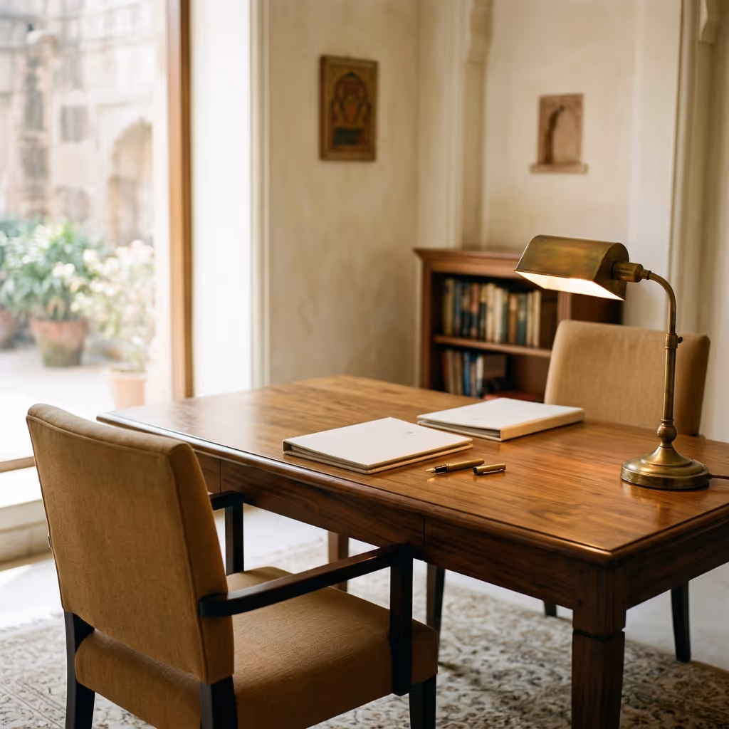 NRI real estate advisory service for Indians abroad — quiet advisory desk in a sunlit Indian office with a brass desk lamp.