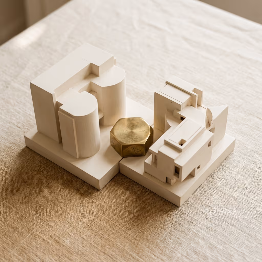 Real estate joint venture investments in India — two architectural models overlapping with a brass paperweight between them.