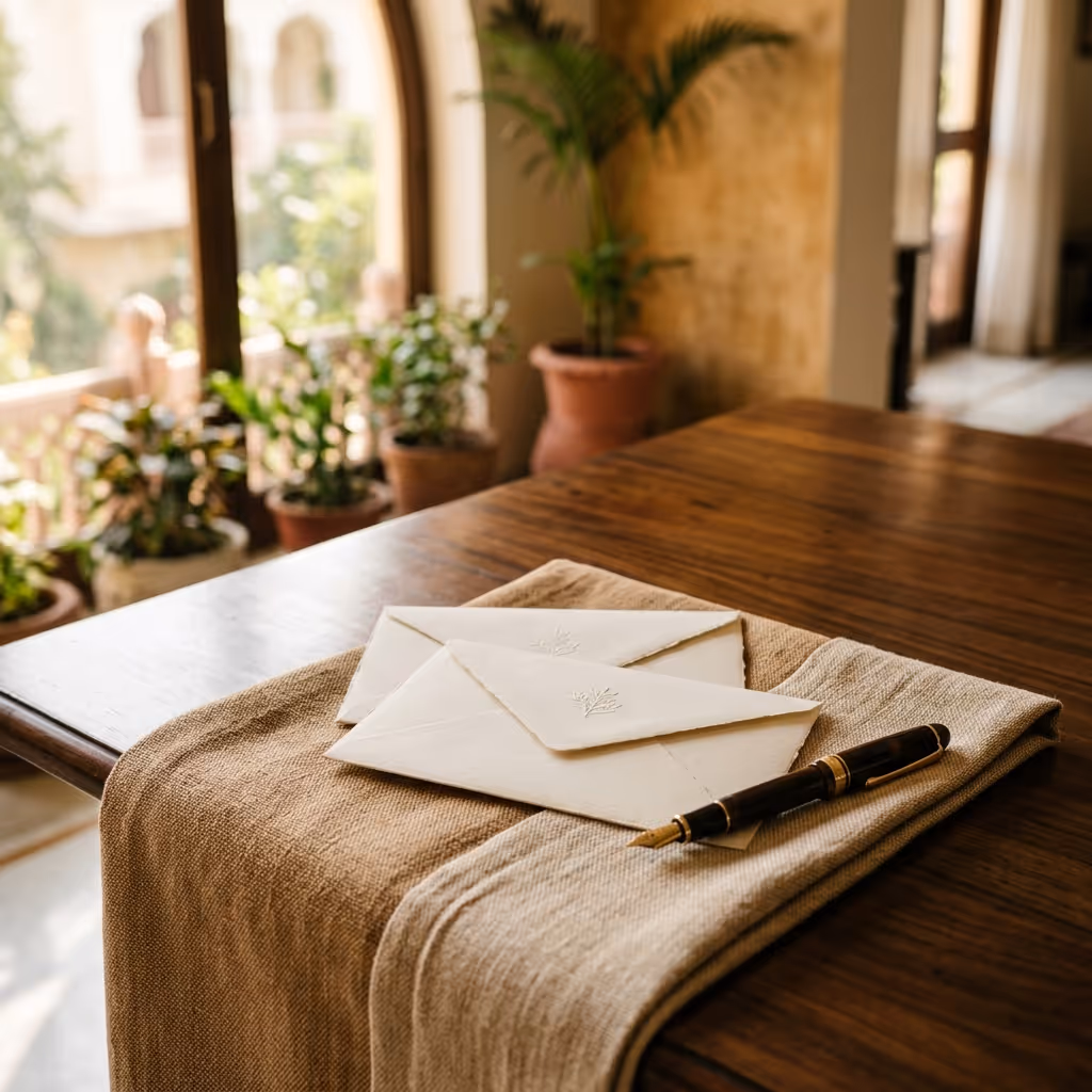 Lease drafting and renewal service for Indian rental property owners — cream envelopes and a fountain pen on a linen runner.