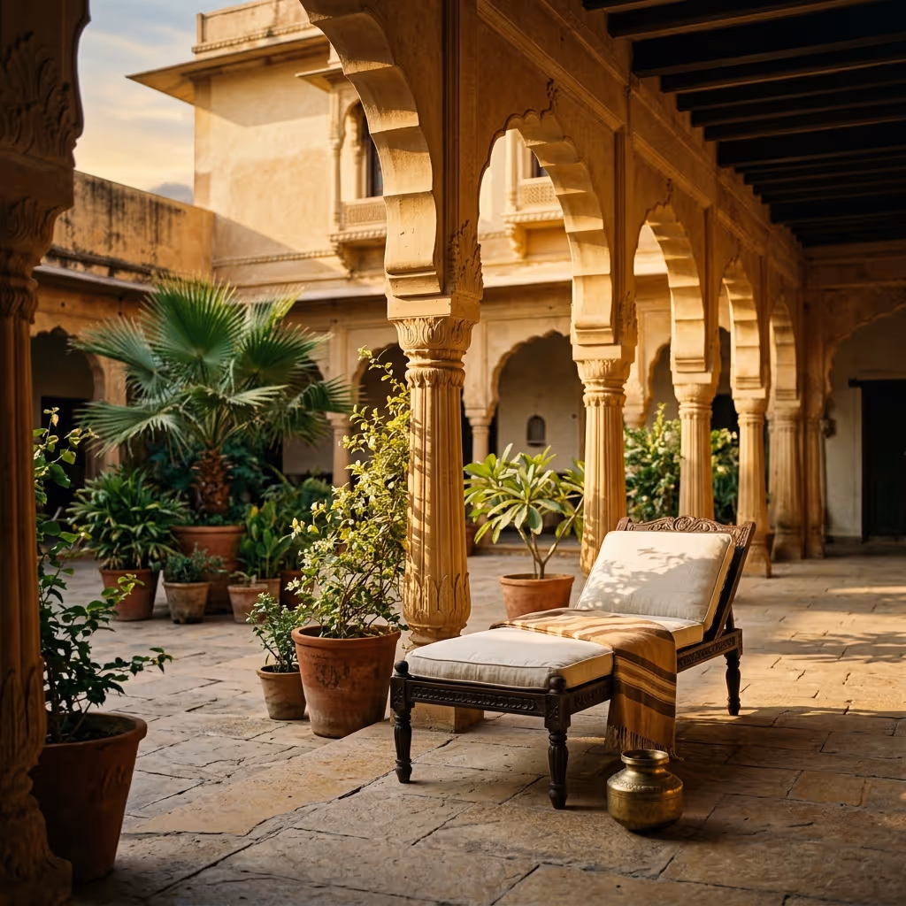 Luxury villas for sale in Bangalore and South India — private villa courtyard at golden hour with arched colonnade.