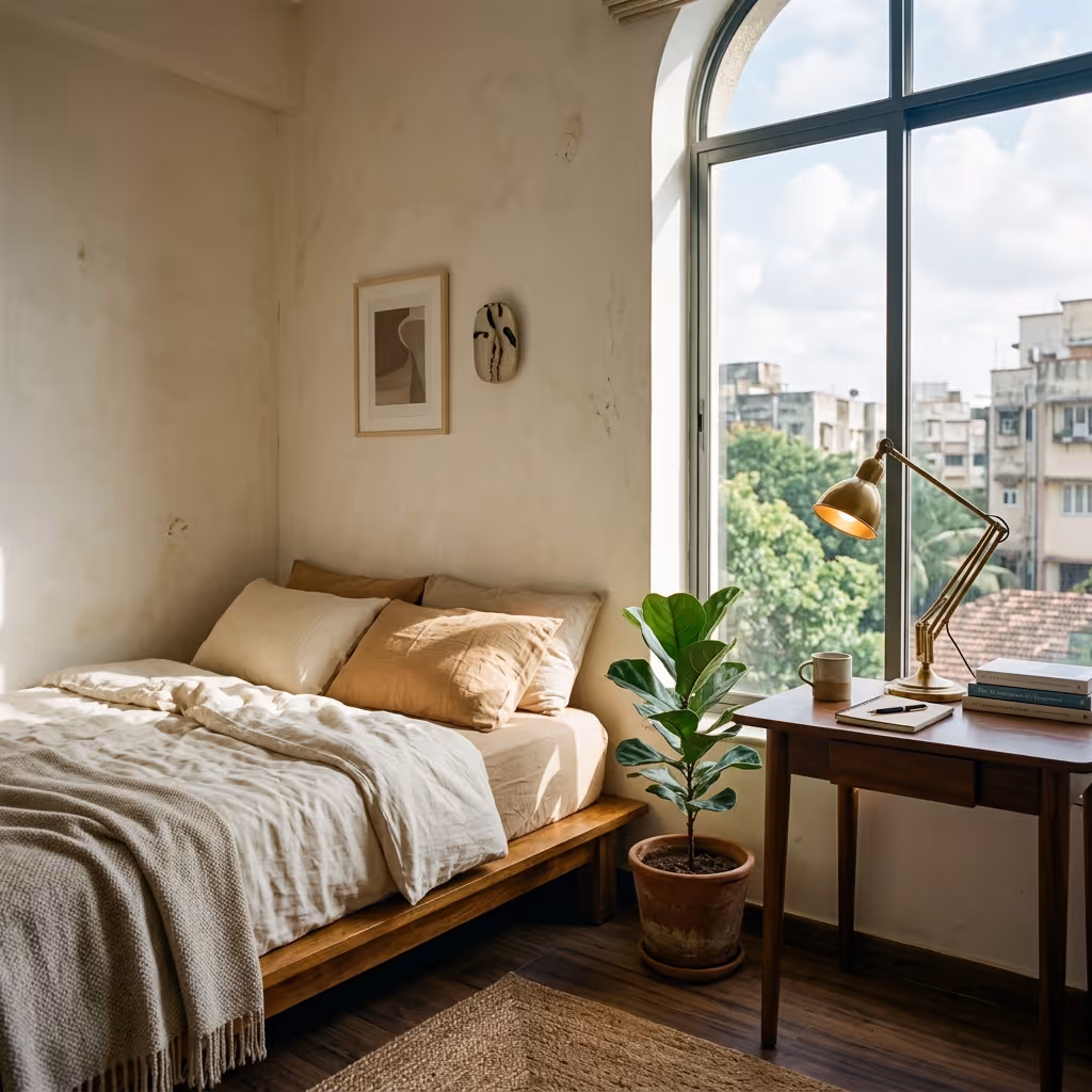 Studio apartments for sale and rent in Bangalore — compact sunlit studio with platform bed and walnut writing desk.