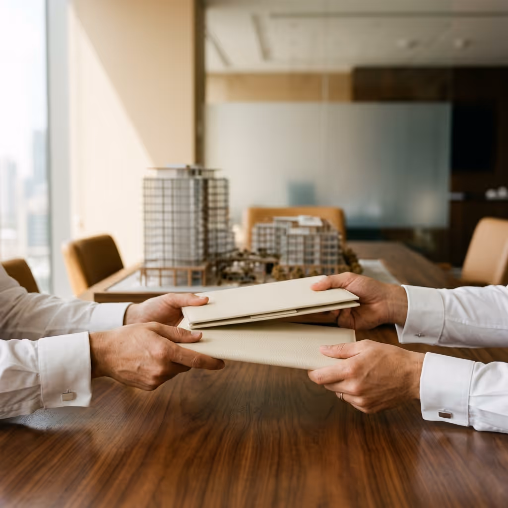 Direct access to top Indian real estate developers — hands exchanging document folders across a walnut conference table.
