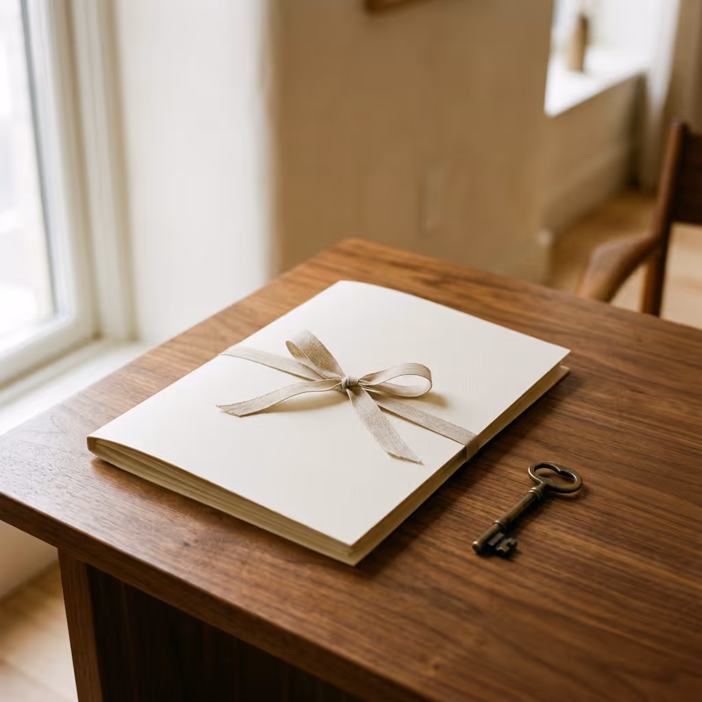 Off-market real estate deals for HNI investors in India — cream folder with linen ribbon and a brass key on walnut.